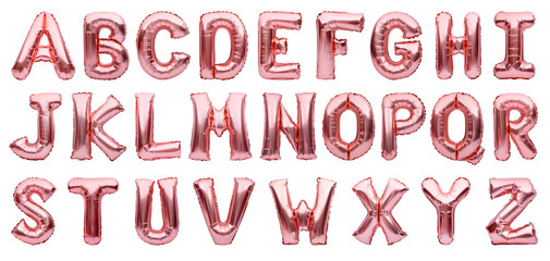 English alphabet made of rose golden inflatable helium balloons isolated on white. Gold pink foil...