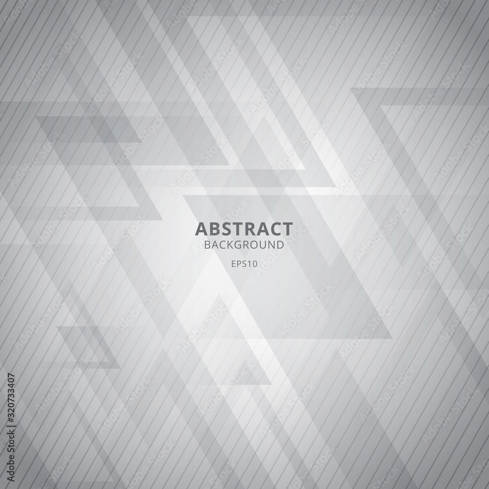 Poster abstract white and gray geometric triangles overlap background with diagonal lines pattern.