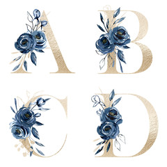 Gold alphabet, set letters with watercolor blue flowers roses and leaf. Floral monogram initials perfectly for wedding invitation, greeting card, logo and other. Holiday design hand painting.