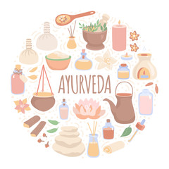 Vector illustration Ayurveda in the round composition. Ayurvedic massage objects in the circle frame. Card, banner, flier design in modern flat style for SPA salons and Shirodhara treatment.