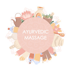 Vector illustration Ayurvedic massage.    Shirodhara treatments equipment in the circle composition with a label for your text. Essential oil bottles, mortar, pitcher, candles in the round frame.