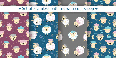 Set of seamless patterns with cute sheeps for fabrics, wrapping paper and baby products. With dark colors. © Анастасия Бояркина