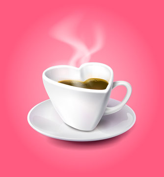 Isolated photo realistic vector illustration of a heart-shaped cup filled with hot coffee and steam over a cup. Pink background. Editable EPS vector
