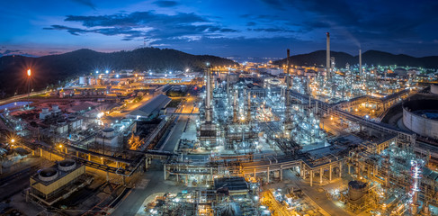 Panorama shot of Oil Refinery during sunset in Chonburi, Thailand