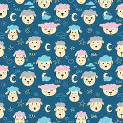Pattern with cute lambs at night for fabrics, wrapping paper and baby products.