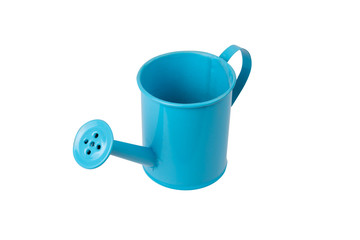 Blue watering can with handle on white on isolated background