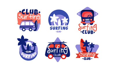 Surfing Club Logo Design Collection, Bright Surf Badges, Emblems Vector Illustration