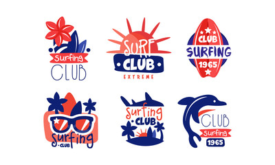 Surfing Club Retro Logo Design Collection, Extreme Sport Bright Badges, Emblems Vector Illustration