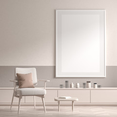 Mock up poster frame in Scandinavian style interior with modern furnitures. Minimalist interior design. 3D illustration.