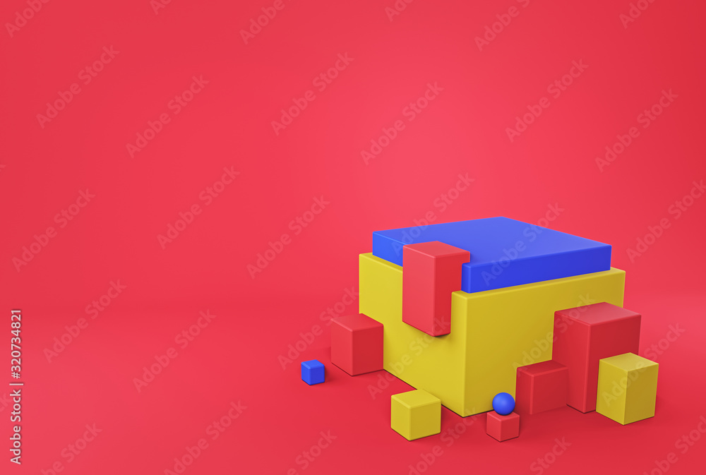 Poster scene with geometrical forms. red, blue and yellow shapes minimal background. copy space. 3d renderi