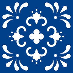 Mexican talavera tile pattern. Ornament in traditional style from Puebla in classic blue and white. Floral ceramic composition with flower, dot and leaves. Folk art design from Mexico. - 320734854