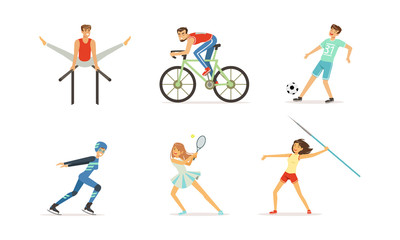 Fototapeta na wymiar People Doing Different Kind of Sports Set, Professional Athletes Characters Cycling, Ice Skating, Playing Soccer, Tennis, Throwing Javelin Vector Illustration