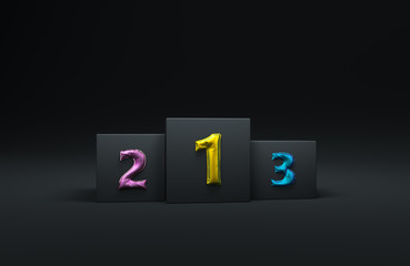 All in black podium or platform with  numbers backgroundt. Pastel minimal black pedestasl for rewarding the winners with vivid colored numbers.