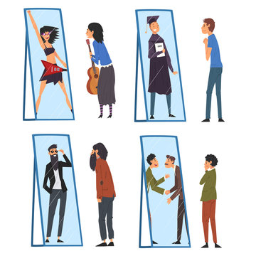 Collection of People Standing in Front of Mirror Looking at Their Reflection and Imagine Themselves as Successful, Attractive, Men and Woman Seeing Themselves Differently in Mirror Vector Illustration