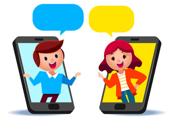 Vector illustration of young people having conversation through application on smartphone