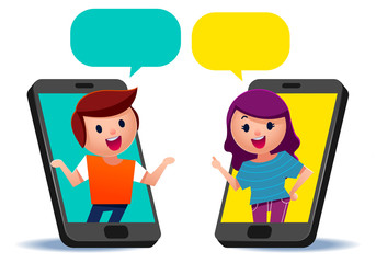 Vector illustration of young people having conversation through application on smartphone