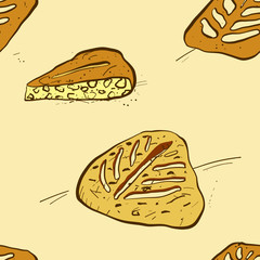 Seamless pattern of sketched Fougasse bread