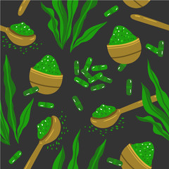 Seamless background of spirulina. Spirulina algae, pills and spirulina powder. Superfood. Cartoon style pattern.