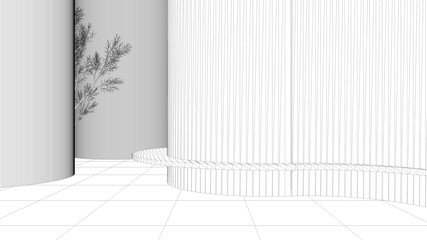 Blueprint project draft, abstract empty interior, grunge background with round and curved structures, light and tree shadows, bench
