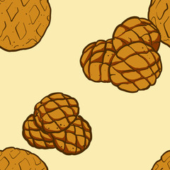 Seamless pattern of sketched Melonpan bread