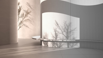 Architect interior designer concept: unfinished project that becomes real, abstract empty interior, grunge background with round and curved structures, light and tree shadows, bench