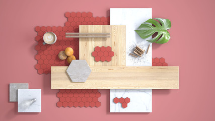 Minimal red background, copy space, marble slab, wooden planks, cutting board, mosaic tiles, plant leaf, cappuccino, cookies, cinnamon. Kitchen interior design concept, mood board