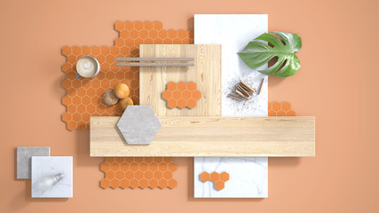 Minimal orange background, copy space, marble slab, wooden planks, cutting board, mosaic tiles, plant leaf, cappuccino, cookies, cinnamon. Kitchen interior design concept, mood board