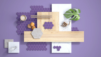Minimal purple background, copy space, marble slab, wooden planks, cutting board, mosaic tiles, plant leaf, cappuccino, cookies, cinnamon. Kitchen interior design concept, mood board