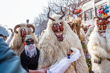 Unidentified people in masks; participants at the Mohacsi Busojaras, it is a carnival for spring greetings (Intangible Cultural Heritage of Humanity of the UNESCO).