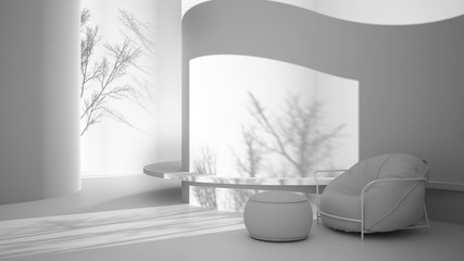Total white project draft, abstract empty interior, background with round and curved structures, bench. Soft bean armchair with pouf, living room, lounge