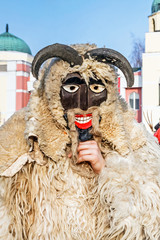 Unidentified people in masks; participants at the Mohacsi Busojaras, it is a carnival for spring greetings (Intangible Cultural Heritage of Humanity of the UNESCO).