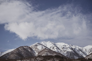 Stunning scenery of Mountain peak at Shirakawa-go, Gifu and Toyama Prefectures, Japan, January 2020