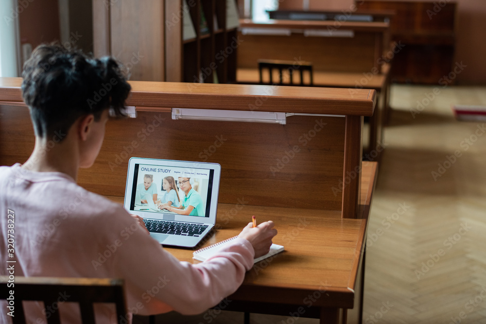 Poster rear view of contemporary college student sitting by desk in front of laptop while learning remotely