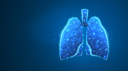 Human Lungs. Organ anatomy, biological air filter, healthy body concept. Polygonal image on blue neon background. Low poly, wireframe, digital 3d vector illustration. Abstract art