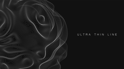 Ultra thin line fluid geometry. Dynamic vector distorted spheres. Digital fractal 3d swirl. Futuristic sound or data waveform. Chaotic particle wave motion trails.