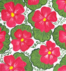 Hand drawn contrast botanical background with bright pink mallow flowers and green leaves on white. Floral, summer style, beautiful. Perfect for wrapping design.