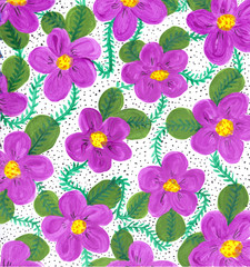 Hand drawn naive botanical background with gentle violets  on white mottled backdrop. Floral, spring style, beautiful. Perfect for wrapping design.