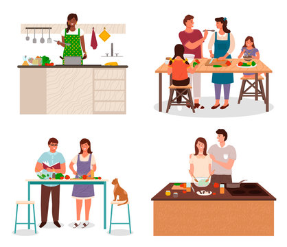 Smiling People With Children In Apron Standing Near Table Or Stove And Cooking In Kitchen. Man And Woman Cutting Vegetables For Vegetarian Food. Family Boiling Dish And Making Salad Together Vector