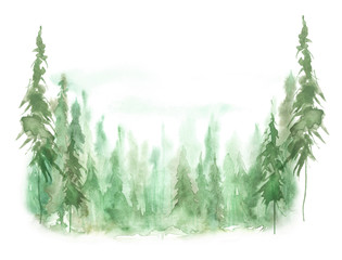 Watercolor group of trees - fir, pine, cedar, fir-tree. green forest, countryside landscape. Landscape scene for Christmas cards, banners. Holiday design. abstract fog forest, silhouette of trees. - obrazy, fototapety, plakaty