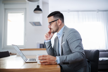 Fototapeta premium Side view of handsome unshaven caucasian businessman in suit and with eyeglasses looking at laptop and holding mug with fresh morning coffee while sitting at dining table at home.