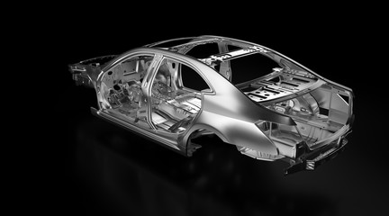 Side view of production sedan car stainless steel or aluminium body and chassis frame. Metallic vehicle framing base isolated against black background with reflections. 3D rendering illustration.