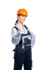 Woman builder engineer shows finger at you. Isolated