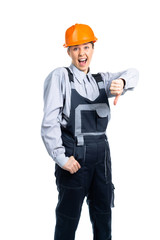 Female engineer builder puts dislikes with different emotions. Isolated