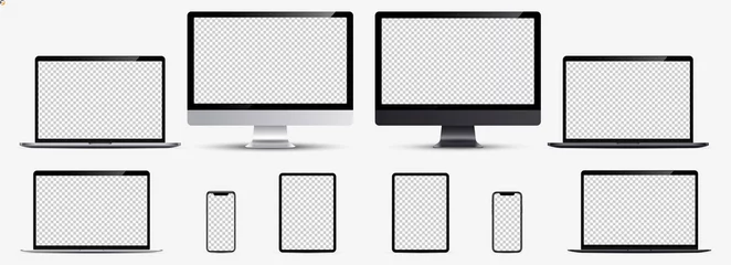 Foto op Plexiglas Screen mockup. Smartphone, tablet, laptop and monoblock monitor silver and black color with blank screen for you design. Vector illustration Ai 10 © fenskey