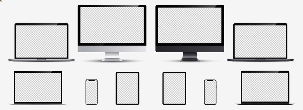 Screen mockup. Smartphone, tablet, laptop and monoblock monitor silver and black color with blank screen for you design. Vector illustration Ai 10