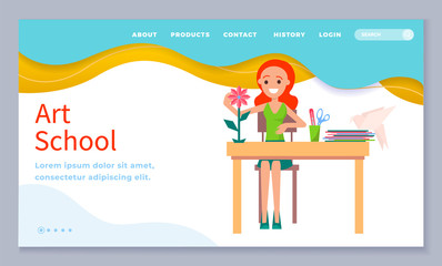 Art school landing page with smiling pupil sitting at desktop with books. Girl character learning to do papercut flower, scissors and pencils. Website or webpage template, app slider flat style vector