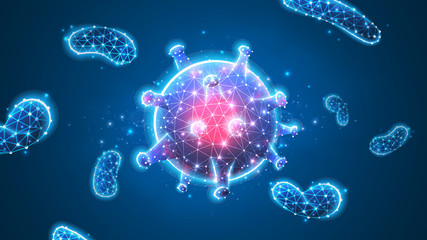 Virus cell. Immunology, new strain epidemic, infection pathogen concept. Abstract polygonal image on blue neon background. Low poly, wireframe digital 3d Raster illustration