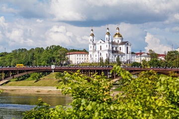 Beautiful old orthodox church belfry in Vitebsk, Belarus, Europe.