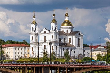 Beautiful old orthodox church belfry in Vitebsk, Belarus, Europe.