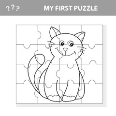 My first puzzle. Cute puzzle game. Vector illustration of puzzle game and coloring book with happy cartoon cat for children